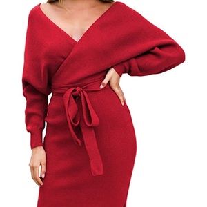 V Neck Long Batwing Sleeve Wrap Midi Knit Sweater Dress
